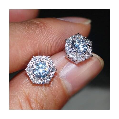 Luxury Female Crystal White Zircon Stud Earrings Simple Silver Color Hexagon Earrings For Women Vintage Double Earrings
