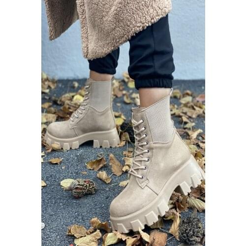 TUGBA Women Boot Suede Leather Knit Edged Rubber Light Soled Ankle Ladies Beige Boots Flat platform shoes 2020 2021 botas