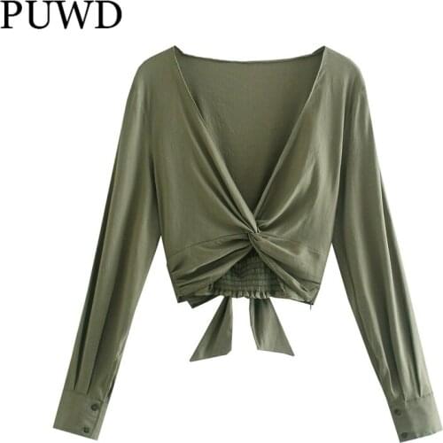 PUWD Elegant Women V Neck Long Sleeve Green Blouses 2021 Summer Fashion Ladies Solid High Street Shirts Girls Chic Bow Tops