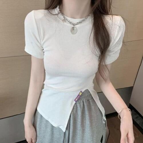 Split short-sleeved t-shirt womens 2021 summer new slim bottoming shirt foreign style small shirt white tights2021