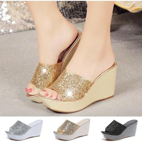 Silver/Gold Woman Glitter Platform Slippers Women Sequins Flip Flops 2021 Summer Platform Slides Sandals Slippers Wedges Shoes