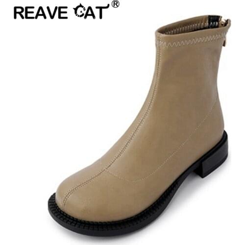 REAVE CAT Chelsea Boots Chunky Boots Women Winter Shoes Leather Plush Ankle Boots Black Female Autumn Fashion Platform Booties