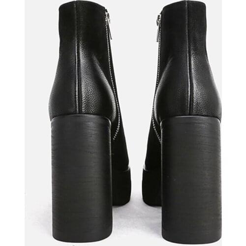 MUMANI Woman‘s Modern Boots Super High Heel Black Genuine Leather Retro ZIP 12CM Square Heel Martin Boots Platform ANKLE Boots