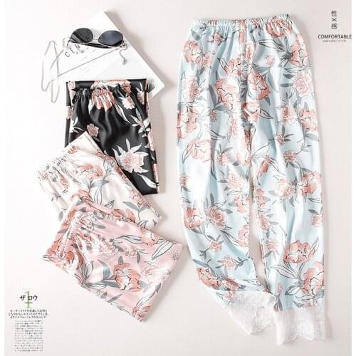 Women Lace Print Rayon Sleep Bottoms 2021 Summer Loose Lounge Trousers Lingerie Home Pants Loungewear Pajama Sleepwear Pants
