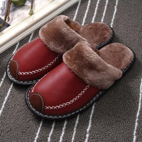 Women Slippers Black New Winter PU Leather Slippers Warm Indoor Slipper Waterproof Home House Shoes Men Warm Leather Slippers