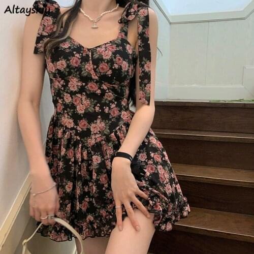 Sleeveless Dress Women Elegant Ruffles Design Floral Mini Dresses Sexy Belt Gentle French Style Defined Waist Vestidos Mujer Ins