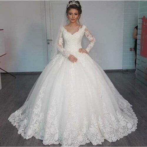 Vestidos de Novia Sexy V Neck Long Sleeves Lace Wedding Dress Ball Gowns Wedding Robe de mariage 2019 Wedding Gowns plus size