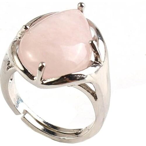 100-Unique 1 Pcs Silver Plated Natural Rose Pink Quartz Water Drop Shape Adjustable Stone Finger Ring Jewelry