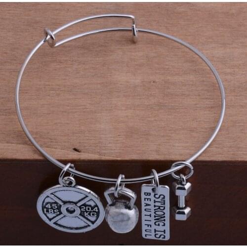 12PC Engraved Strong Is Beautiful Bangles Weightlifting Gym Bracelets Fitness Dumbbell Barbell Kettle Bell Charm Pendant Jewelry