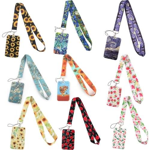 BG551 Art Oil Painting Sunflower Lanyard Card Holder Neck Strap for Key ID Card Cellphone Straps Badge Holder DIY Hanging Rope
