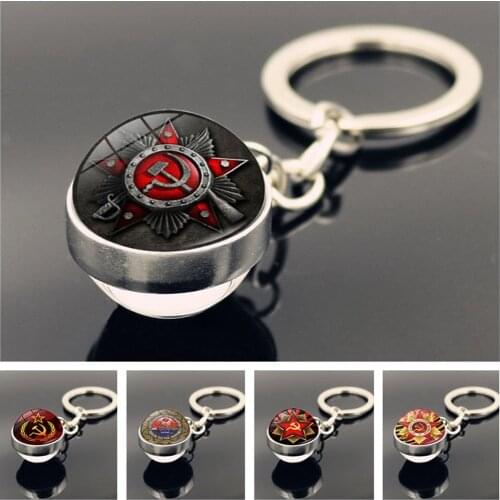 USSR Soviet Badges Sickle Hammer Key Ring Key Chain CCCP Russia Emblem Communism Sign Top Grade Glass Ball Keychain Gift Charms