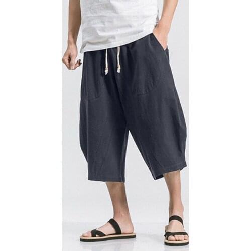 Linen Drawstring 3/4 Short Trousers Pants 2021 Hot Men Casual Cotton Solid Loose Summer