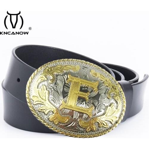 KNCANOW Brand Mens Genuine Leather Trouser Belt Fashion Alloy Luxury Letter E Buckle Black Leather Simple Retro Punk Mens Belts