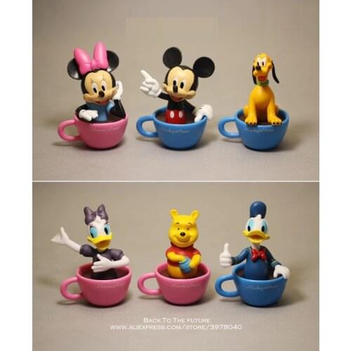 Disney Mickey Mouse Minnie coffee cup 6pcs/set 7cm Action Figure Posture Anime Decoration Collection Figurine Toy model