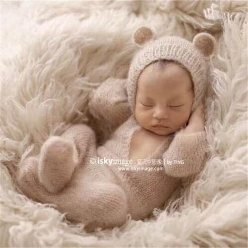 Vintage Teddy Bear Romper Newborn Knitted Baby Girl Outfit Clothes Set Photography Props Fuzzy Infant Angora Overall Photo Shoot