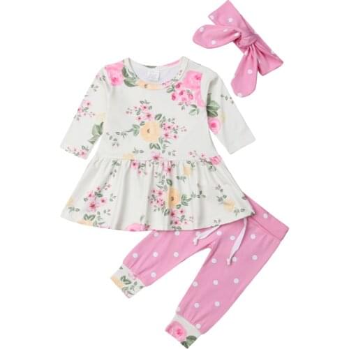 Autumn 3pcs Newborn Toddler Baby Girls Clothes Set Floral Dress Tops Pants Leggings Headband Outfits Tracksuit 0-24 Months