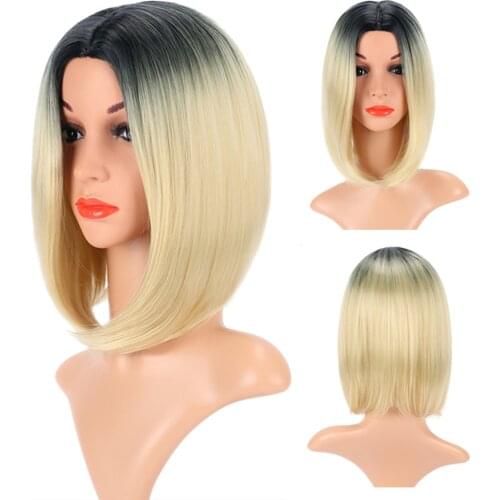 Short Bob Wig Without Bangs Women Straight Synthetic Heat Resistant Fiber Blonde Colorful Ombre Costume Wigs Cosplay Wig 14 Inch