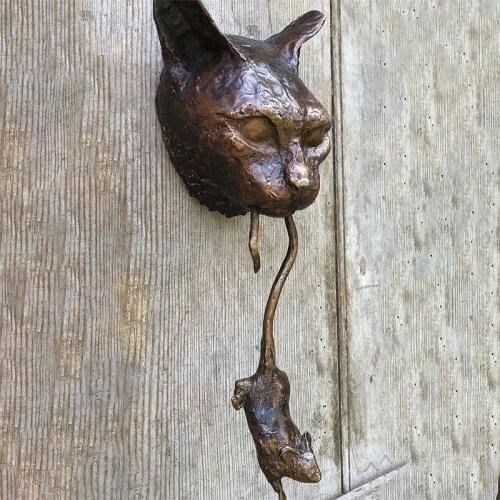 Cat and Mouse Door Knocker or Wall Resin Ornament Rusty Brown Cast Iron Pest Repellent Mouse Metal Statue Protect Plants