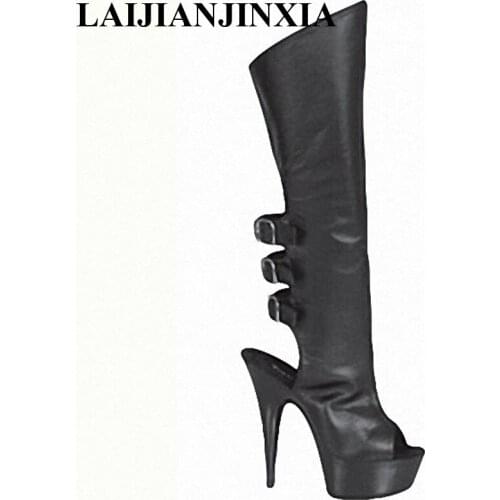 LAIJIANJINXIA Black Buckle Women Night Club Sexy 15cm High Heel Knee Boots Party Queen Shoes Platform Pole Dance Shoes