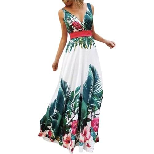 Summer Long Dresses Womens Boho Ladies Sexy Halter Sleeveless Floral Print Party Beach Maxi Dress Vestidos Verano Fad With Belt