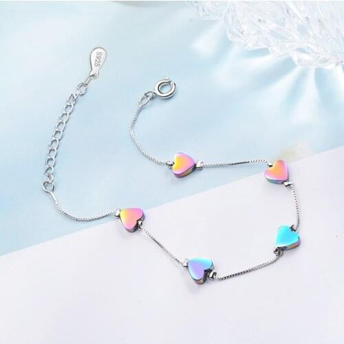 Sweet Coloful Stackable Love Heart 925 Sterling Silver Bracelet For Women bijoux femme