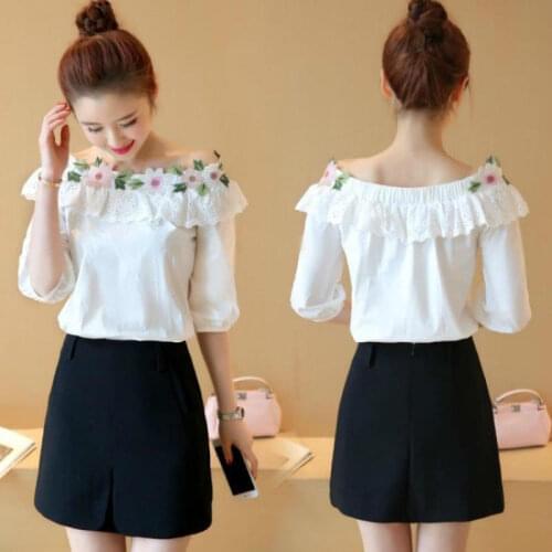 Summer 2021 New Slash Neck Blouses Women Short Sleeves Shoulder Strapless T-shirt