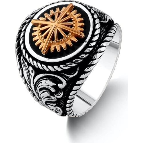 Ottoman Motif with Compass Model Ring, High Quality Fashionable, Turkish Men Jewelry, 925 Sterling Silver New Fashion Pure Gift