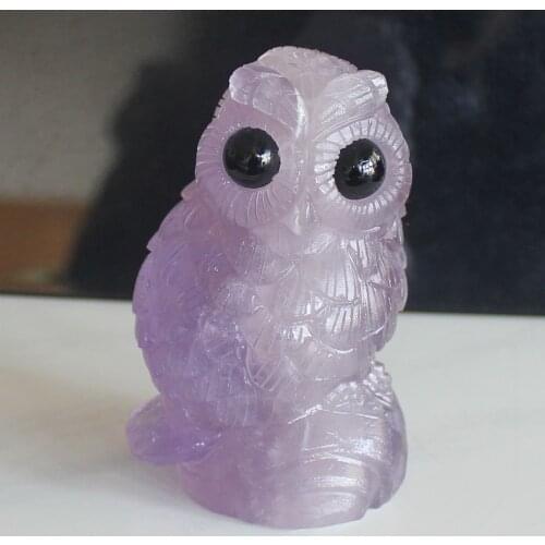 Handcrafted Natural Purple Fluorite Crystal owl Animal Figurine Home Decor