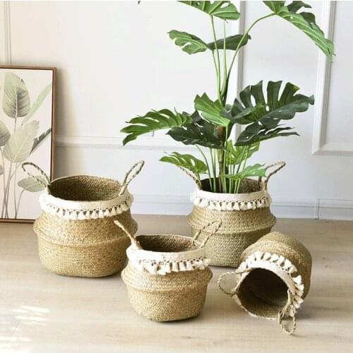 Folding Wicker Flower Pot Plant Straw Storage Seagrass Baskets Woven Basket Flower Vase Home Decoration
