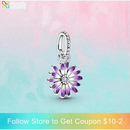 Smuxin 925 Sterling Silver Charm Purple Daisy Dangle Charm fit Original Pandora Bracelets Women Jewelry Making Girl DIY Jewelry