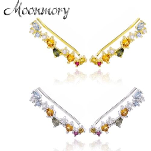 Moonmory 925 Sterling Silver Ear Pin Piercing Clip Safety Euphoria Earrings For Women Colorful Rainbow Crystal Earring Punk
