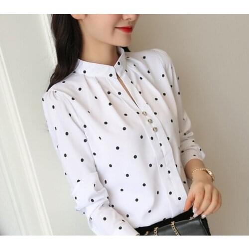 Women Long Sleeves V-neck Pullover White Shirt Polka Dots Print Professional Shirt