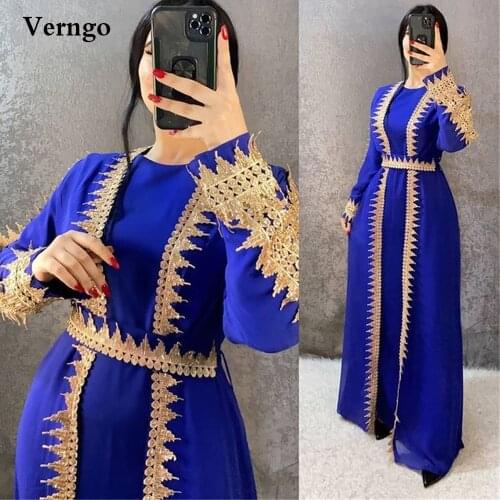 Verngo Royal Blue Kaftan Dubai Women Evening Dresses With Gold Lace O-Neck Green Black Prom Gowns Plus Size Formal Dress