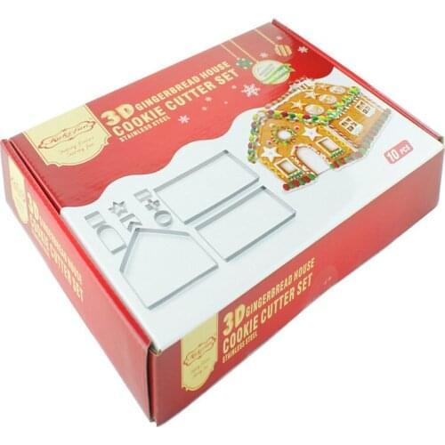 Kuki-fun 10pcs 3D Christmas Cookie Cutter Set Gingerbread House Fondant Cutter Stainless Steel Biscuit Mold