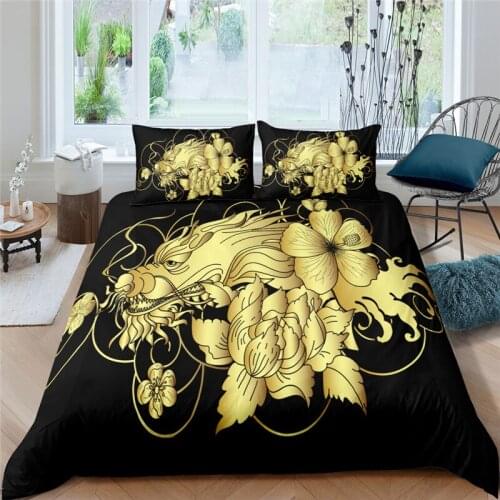 Luxury 3D Golden Dragon Print 2/3Pcs Kid Bedding Set Comfortable Duvet Cover Pillowcase Home Textile Single Queen and King Size