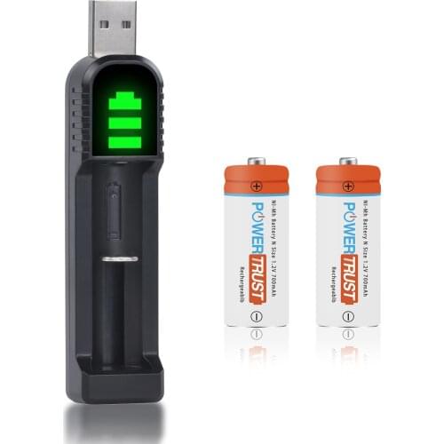 2Pcs POWERTRUST MN9100/E90/LR1 Battery 1.2V Ni-MH Rechargeable Battery Size N Batteries With USB Charger kit