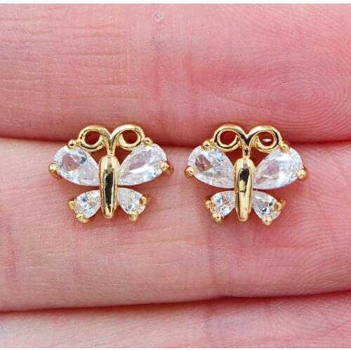 AAA+ Cubic Zirconia Gold Color Women Clear White CZ Cute Butterfly Stud Earrings Jewelry