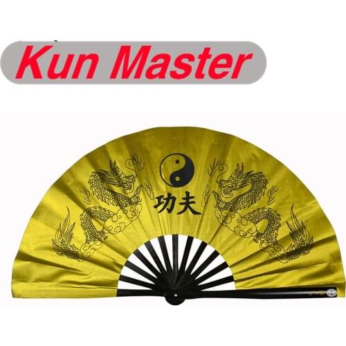 Bamboo Kung Fu Fighting Fan, Martial Arts Practice Performance Fan,Wu Shu Fan, Double Dragon (gold)