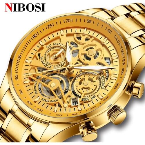 NIBOSI Mens Watches Luxury Brand Gold Skeleton Quartz Watch Casual Fashion Wristwatch Clock Sport Military Relogio Masculino