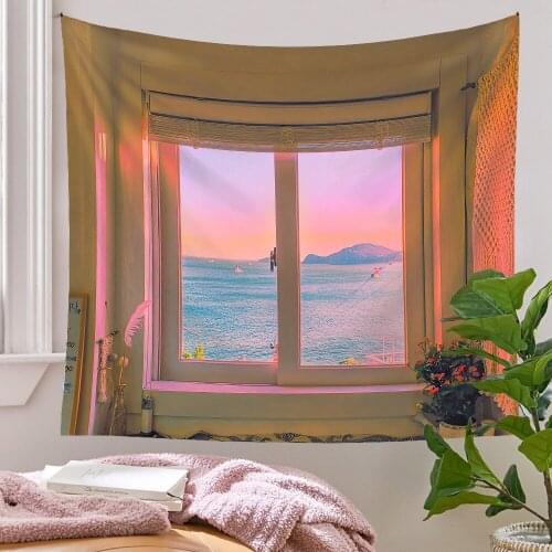 Window Scenery Tapestry Mountain Sea Aesthetic Room Decor Home Bedroom Apartment Wall Hanging Decorating