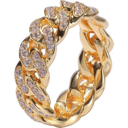 European And American Hip-Hop Zircon Cuban Chain Ring 8mm Full Inlaid Zircon Electroplating Real Gold Trend Men And Women Ring