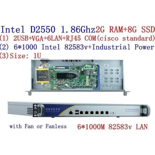 Hot sell 1U atom D2550 1.86Ghz Firewall With 6*inte 1000M 82583v Lan support Panabit Wayos ROS Mikrotik PFSense 2G RAM 8G SSD