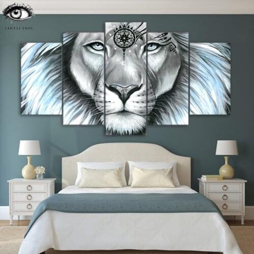 Lion Galaxy by Pixie Cold HD print 5 piece canvas art Lion Painting-Poster Wall Pictures For Living Room With Frame CU-3352