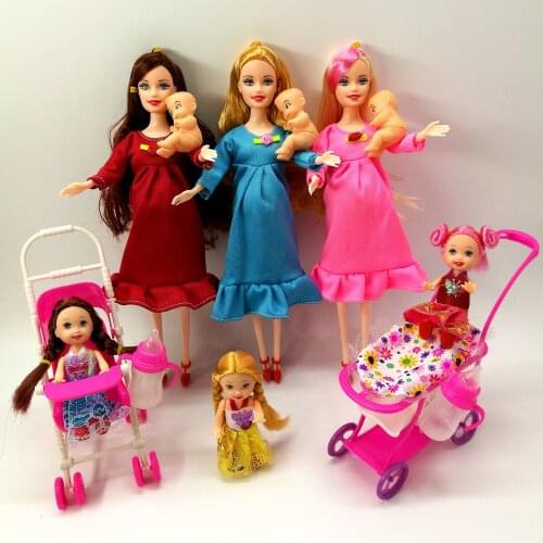 5pcs Set Pregnant Doll Suits Mom/Son Baby/ Kelly/Carriage Girls Dolls Child Toys Fashion Doll Kid Toys Gift