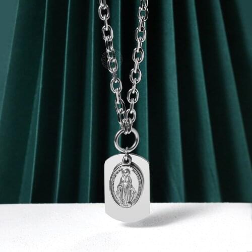 Virgin Mary Pendant Necklace for Men Women 6mm Stainless Steel Rolo Cable Chain Necklace Dog Tag ID Pendant Gift Jewelry DDN242
