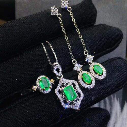 Real Natural Emerald jewelry set Natural Real Emerald 925 sterling silver 1pc pendant,1pc ring,2pcs Earring