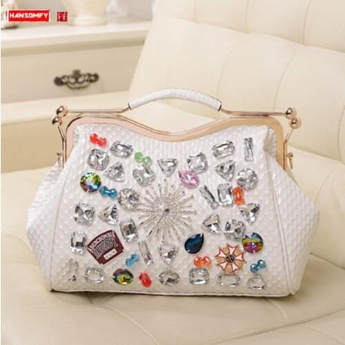 New Diamond Colorful Crystals Womens Bag Rhinestone leather women handbags Fashion tote Bag Clip Chain Shoulder Messenger Bags