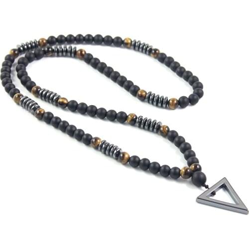 2019 New Design 8MM Tiger Eye Stone Matte Black Stone Long Necklace Hematite Triangle Pendant Necklace Mens Jewelry
