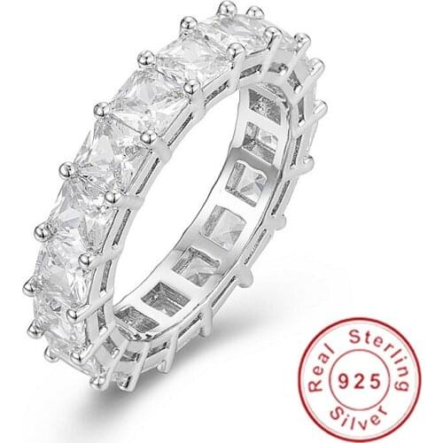 925 SILVER PAVE Asscher cut FULL SQUARE Simulated Diamond CZ ETERNITY BAND ENGAGEMENT WEDDING Stone Rings Size 5,6,7,8,9,10