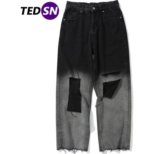 2021 Autumn Oversized Straight-Leg Retro Style Gradient Patch Broken Edge Harajuku Mens Trousers Hip-Hop Casual Street Pants